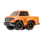 Orange toy truck with large wheels on a white background