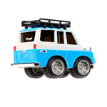 Toy car with a blue body and white roof on a white background