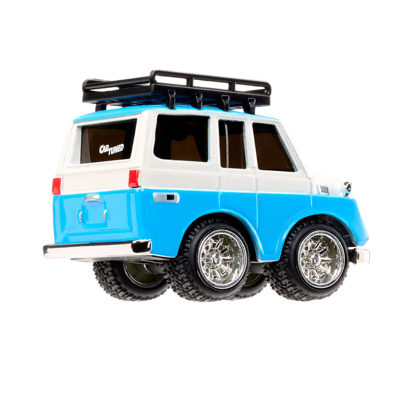Toy car with a blue body and white roof on a white background