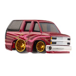 Toy, red SUV with gold wheel rims on a white background
