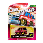 Toy car packaging featuring a '92 Chevy Suburban with colorful design and 'Car Tuned' branding.