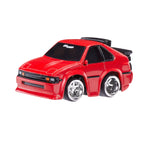 Red toy car with black accents on a white background