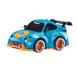 Blue toy car with orange accents on a white background