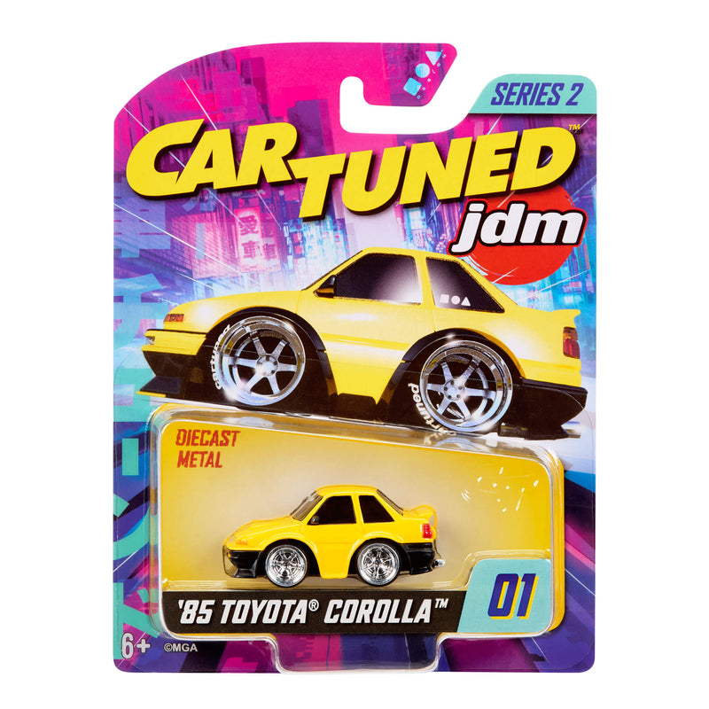 Toy car packaging featuring a yellow '85 Toyota Corolla with 'Cartuned JDM' branding.