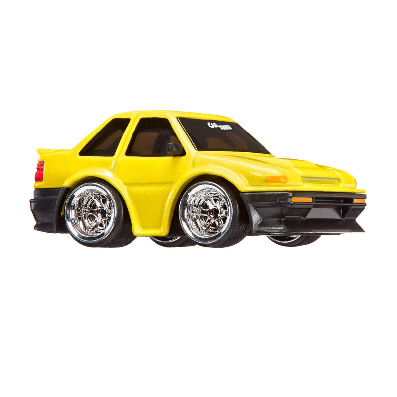 Yellow toy car with black accents on a white background