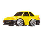 Yellow toy car with black accents on a white background
