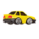 Yellow toy car with black accents on a white background