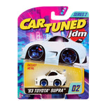Toy car packaging featuring a '93 Toyota Supra with colorful background and 'Car Tuned' branding.