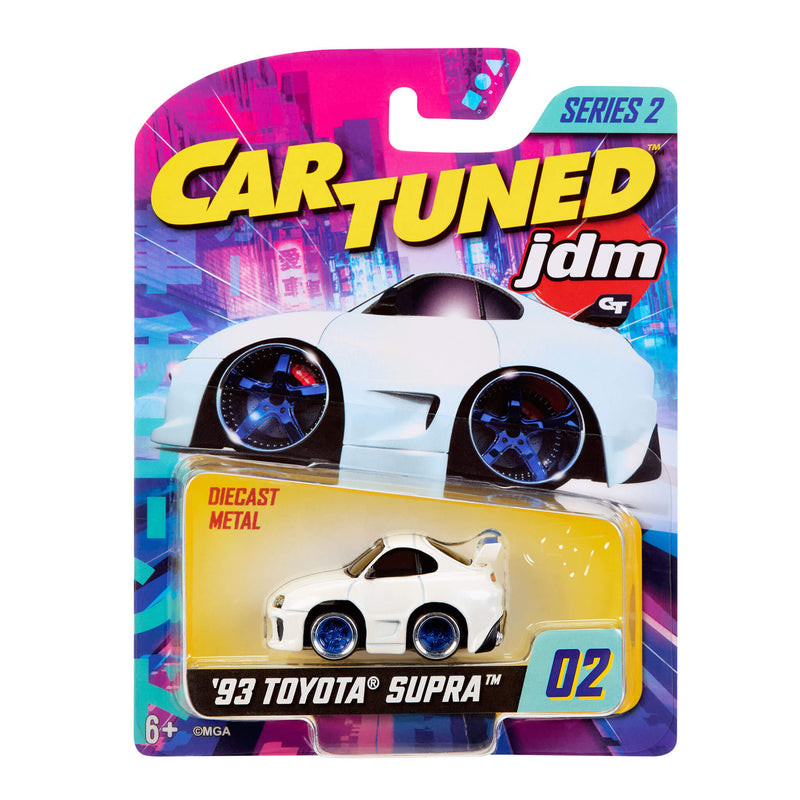 Toy car packaging featuring a '93 Toyota Supra with colorful background and 'Car Tuned' branding.