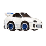 White toy car with blue wheel rims on a white background