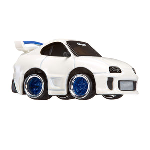 White toy car with blue wheel rims on a white background