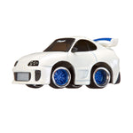 White toy car with blue wheel rims on a white background