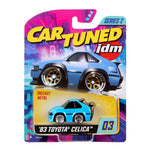 Toy car packaging with 'Car Tuned' branding and a blue toy car inside.
