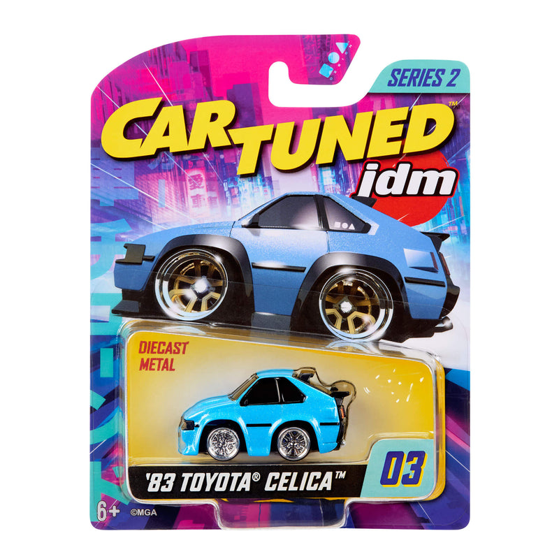 Toy car packaging with 'Car Tuned' branding and a blue toy car inside.