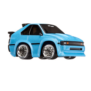 Blue toy car with 'Car Tuned" text on the windshield on a white background