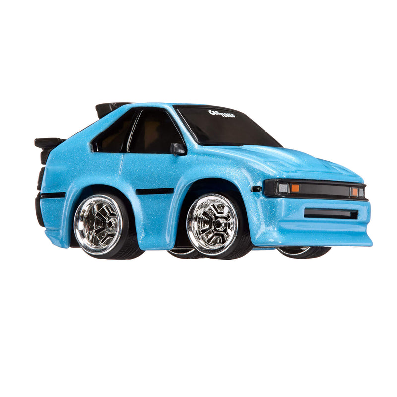 Blue toy car with 'Car Tuned" text on the windshield on a white background