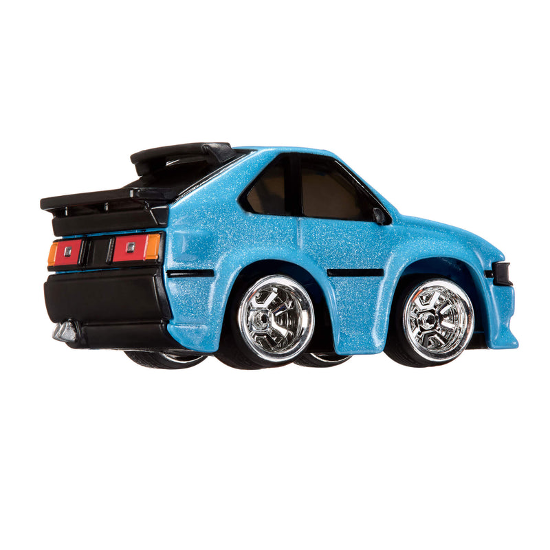 Blue toy car with black accents on a white background