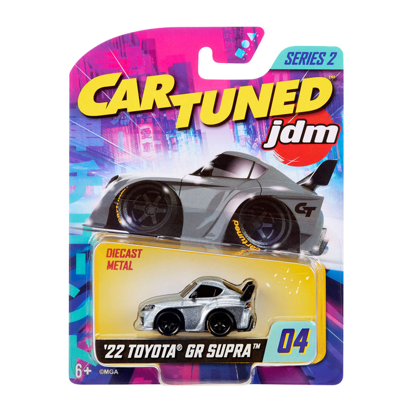 Toy car packaging with 'Cartuned' branding on a colorful background