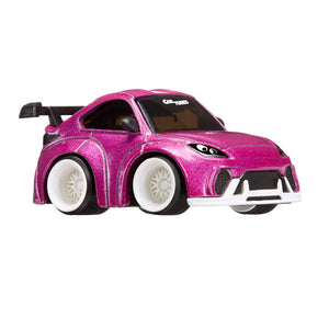 Pink toy car with a black spoiler on a white background