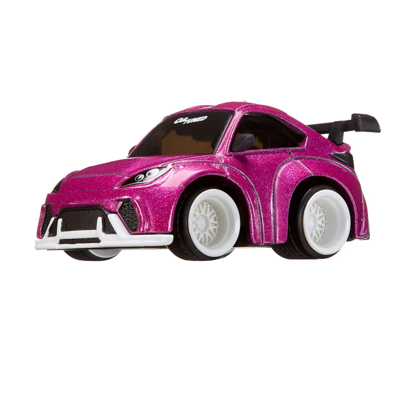 Pink toy car with white wheel rims on a white background
