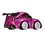 Pink toy car with white wheel rims and a black spoiler on a white background
