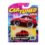 Toy car packaging with 'Car Tuned JDM' branding and a red toy car on a colorful background.