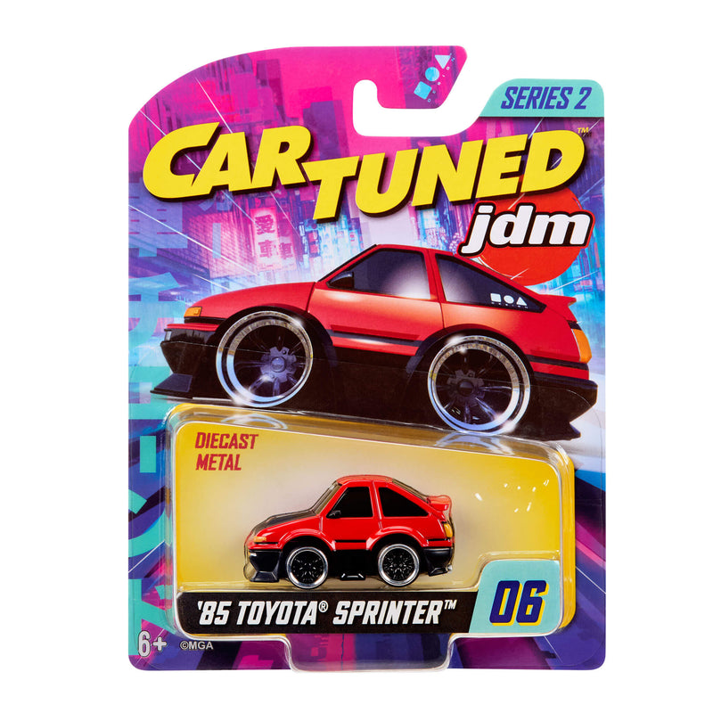 Toy car packaging with 'Car Tuned JDM' branding and a red toy car on a colorful background.