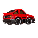 Red toy car with black accents on a white background