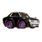 Black toy car with purple wheels on a white background