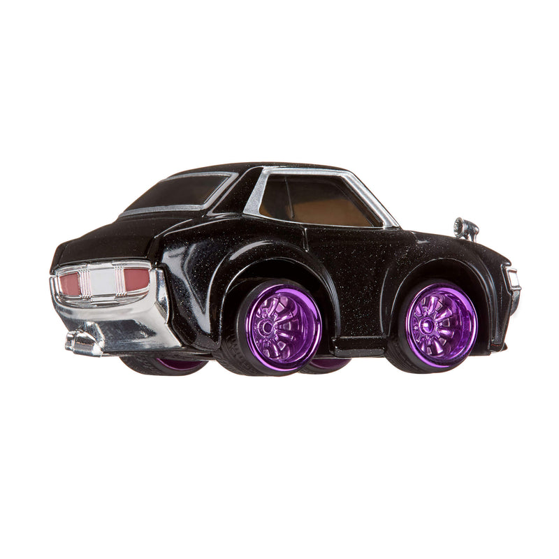 Glitter Black toy car with purple wheels on a white background