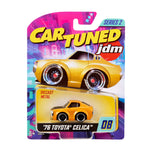 Toy car packaging with '76 Toyota Celica model and 'Car Tuned' branding on a colorful background.