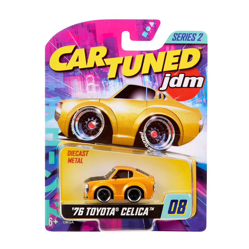 Toy car packaging with '76 Toyota Celica model and 'Car Tuned' branding on a colorful background.