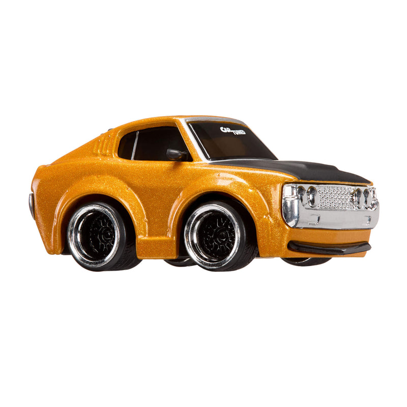 Car with a black hood and orange body on a white background