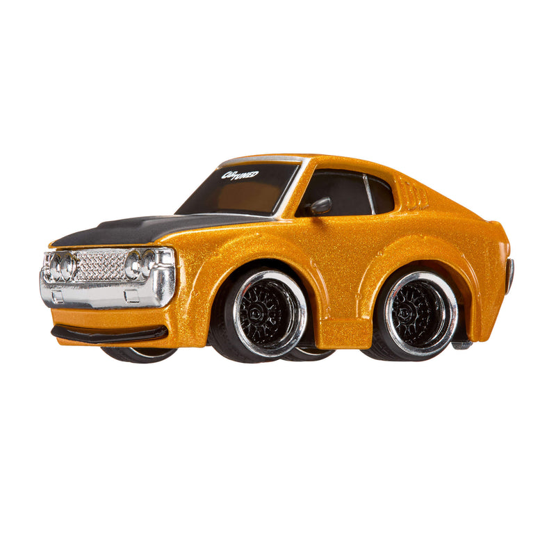 Orange car with a black roof on a white background