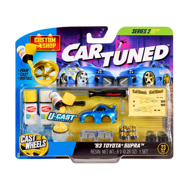 Toy car packaging with 'Car Tuned' branding and toy car model.