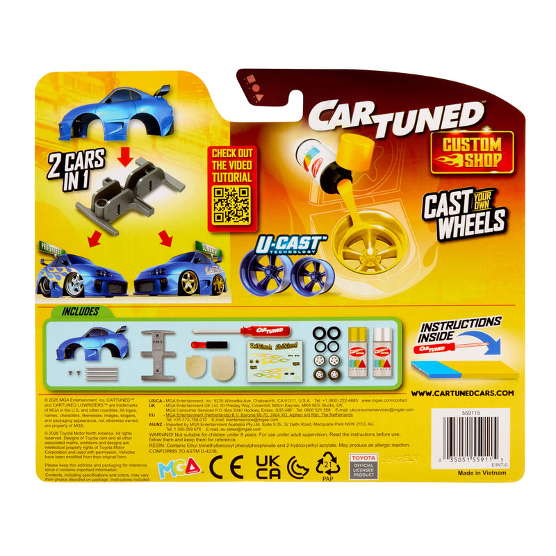Cartuned toy car packaging with model cars, wheels, and tools on a yellow and brown background.