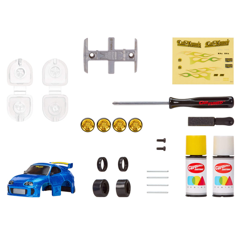 Collection of car tools and parts on a white background