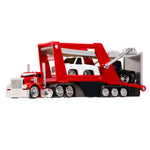 Red toy tow truck with a white truck and a black truck on a white background
