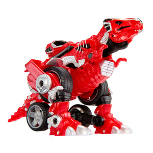 Red toy dinosaur with robot parts on a white background