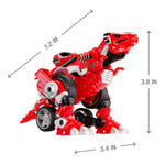 Red dinosaur robot toy with measurements on a white background