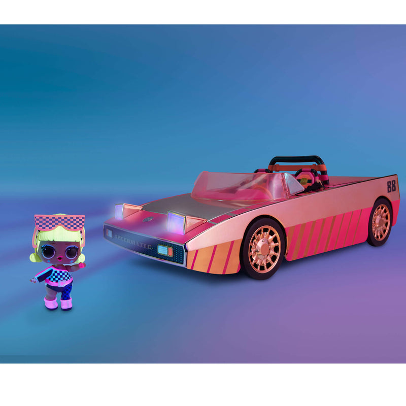 Toy car with a character figure on a gradient blue and purple background