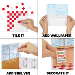 Collage of hands using a tool to tile, add wallpaper, and decorate with a sign.