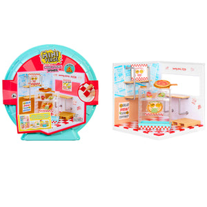 Mini toy pizza restaurant set with packaging on a white background