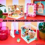 Miniature setup with decorative items on a colorful background, featuring text 'Add Your Miniverse Collection!'.
