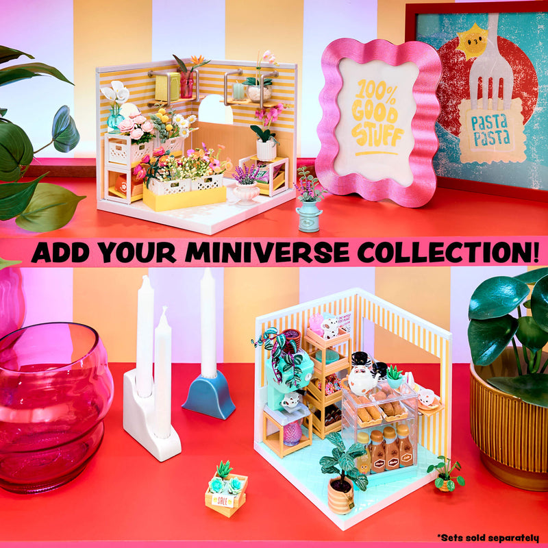 Miniature setup with decorative items on a colorful background, featuring text 'Add Your Miniverse Collection!'.