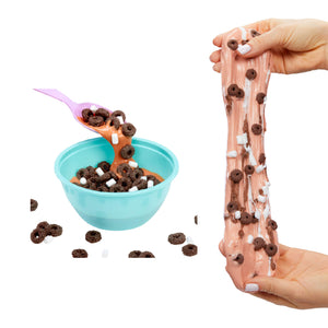 Bowl of Coco cereal and cereal being stretched 