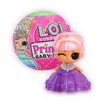 Toy doll with pink hair and purple dress next to its packaging on a white background