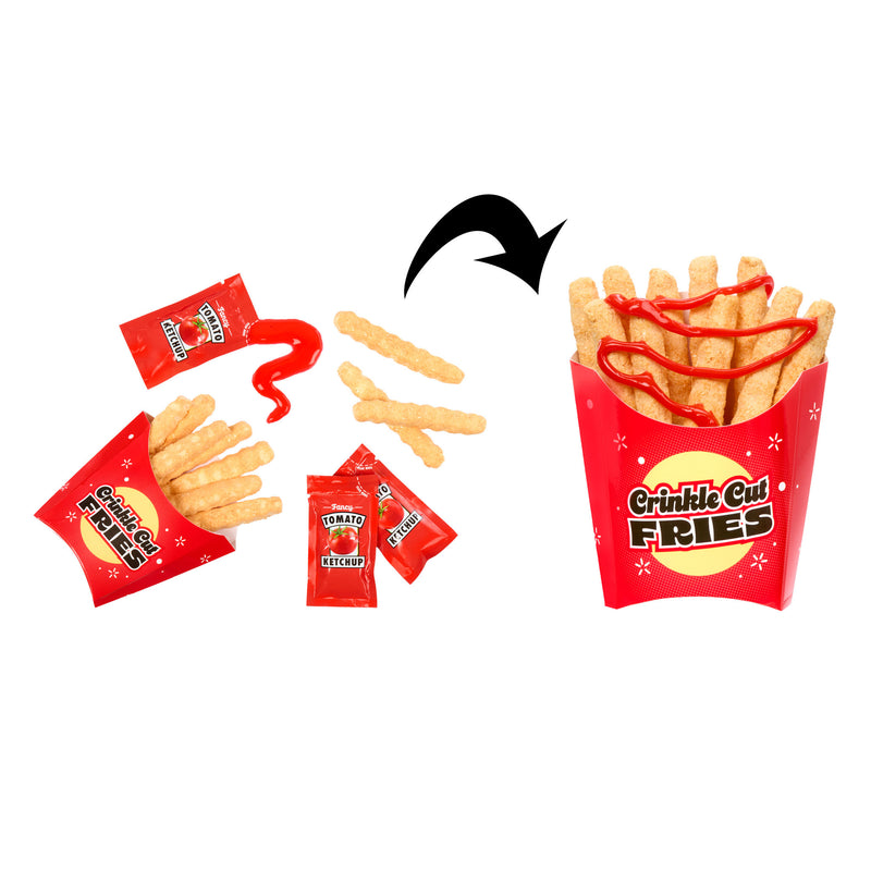 Illustration of Crinkle Cut Fries packaging with fries and ketchup on a white background