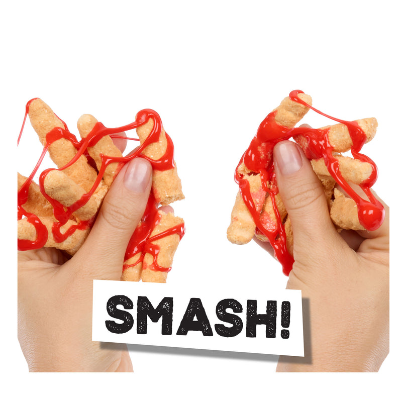 Two hands holding cheesy snack sticks with red sauce, labeled 'SMASH!'.