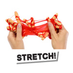 Hands stretching a red stretchy toy with 'STRETCH!' text below on a white background
